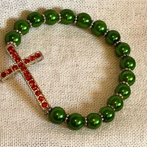 Green Beaded Bracelet with Red Cross Charm